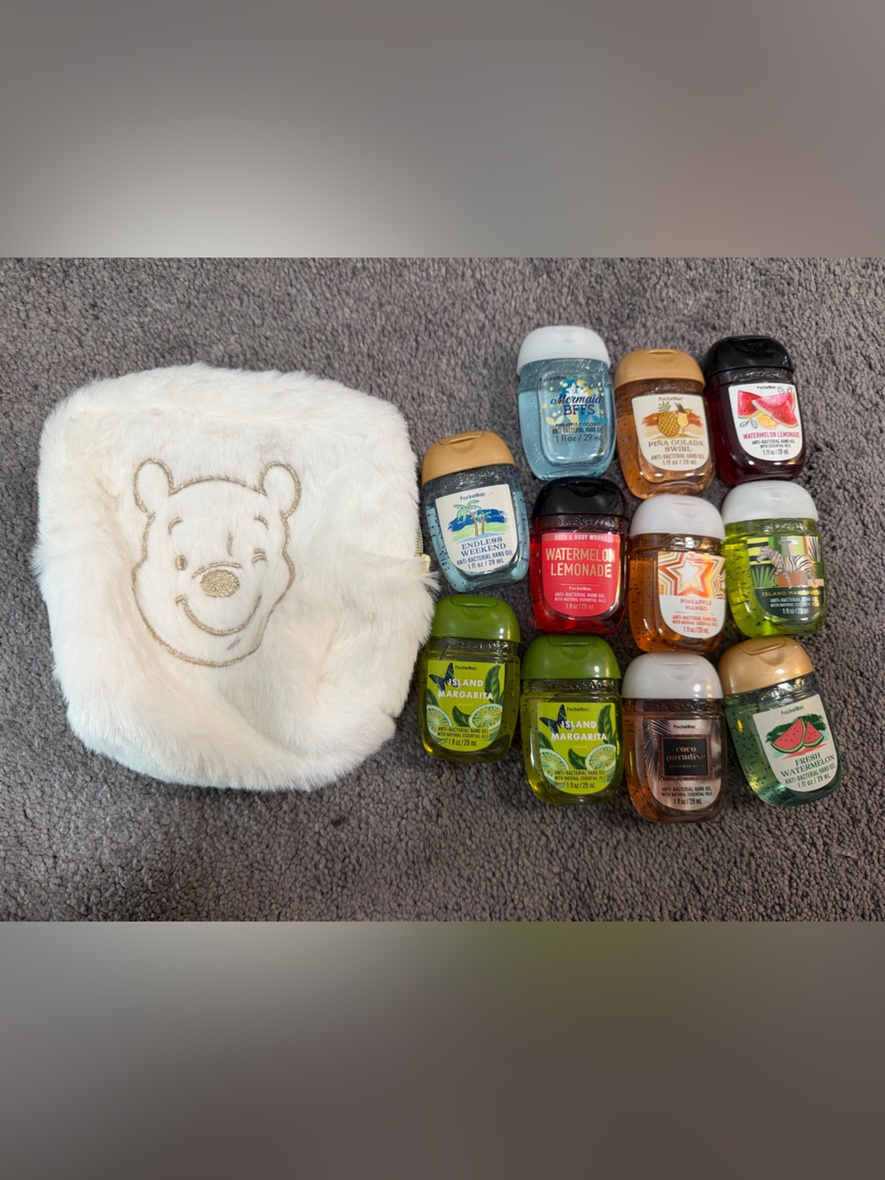 Bundle of Summer Bath & Body Works Hand Sanitizers and Pooh Bear Cosmetic Pouch